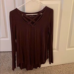 AE soft & sexy cross front long sleeve maroon top